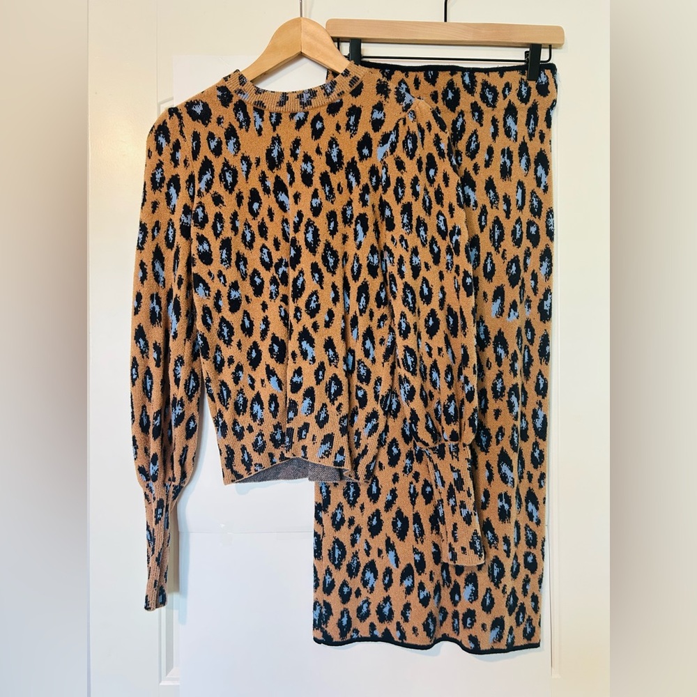Ann Taylor Sweater Skirt Set in Tan and Blue Leopard Print